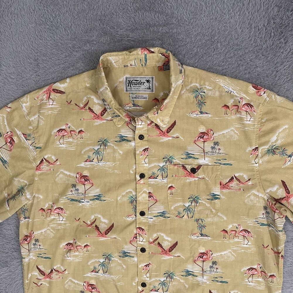 Howler Brothers Mansfield Shirt Mens XXL Yellow Tropical Flamingos Button Up
